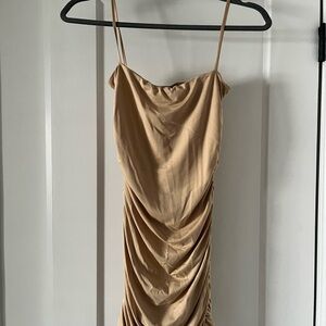 Oh Polly Tan Ruched Mini Slip Dress